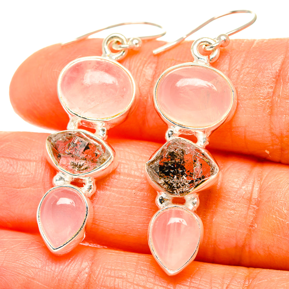 925 sterling silver drop earrings with pink rose quartz hearts and a clear crystal accent