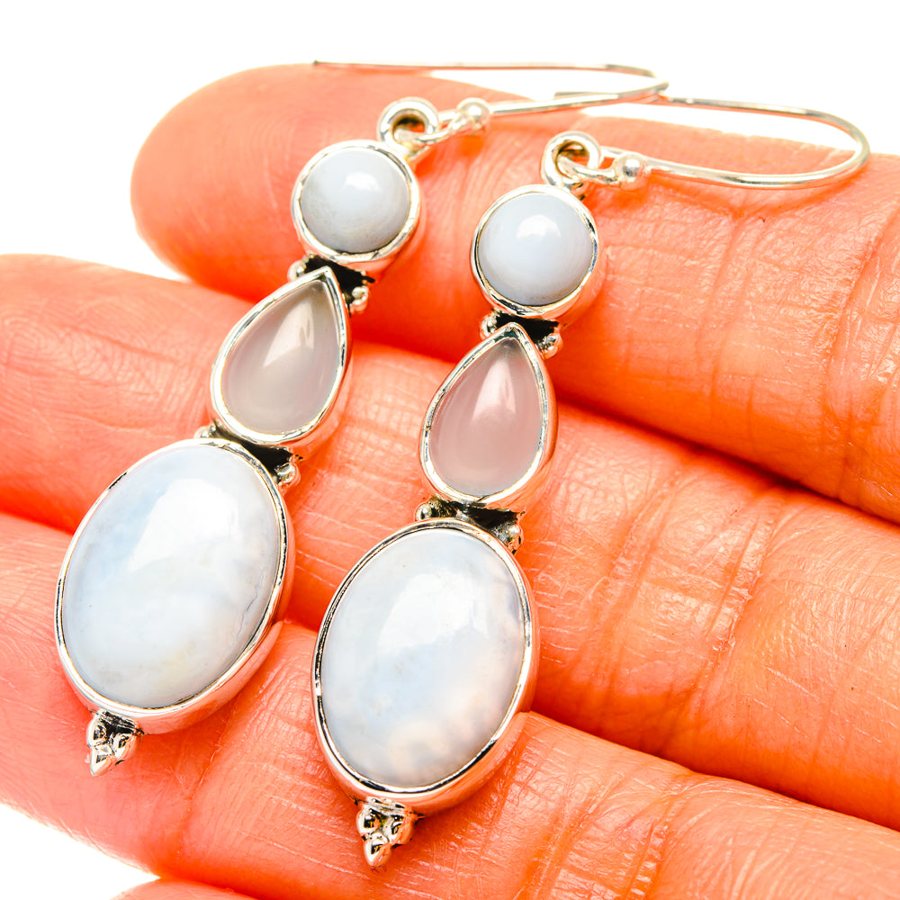 Aqua chalcedony drop earrings in 925 sterling silver, with light blue and white oval stones