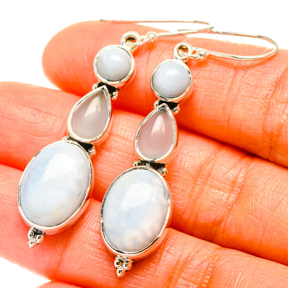 Aqua chalcedony drop earrings in 925 sterling silver, with light blue and white oval stones