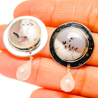 Round cabochon earrings with white dendritic stone and pink drop dangles in sterling silver