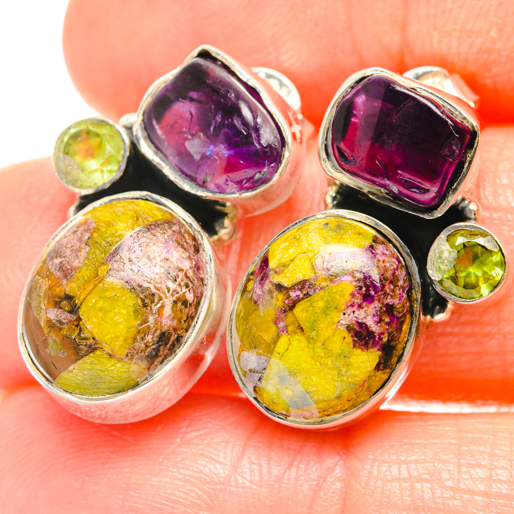 Amethyst and peridot oval stone earrings in sterling silver settings, black accents