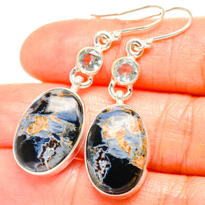925 sterling silver drop earrings with round blue topaz and oval pietersite