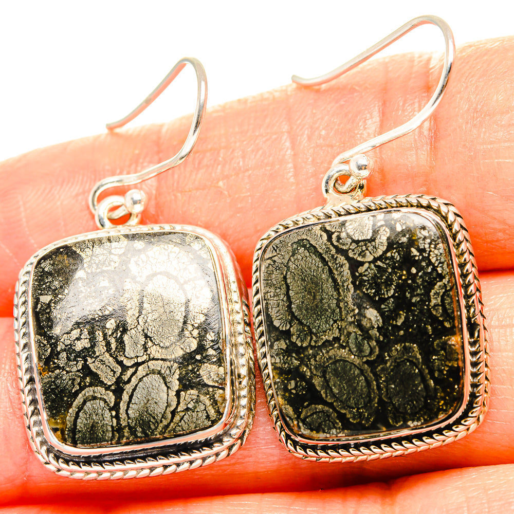 Pyrite agate drop earrings in 925 sterling silver, black gold-pattern square with hooks