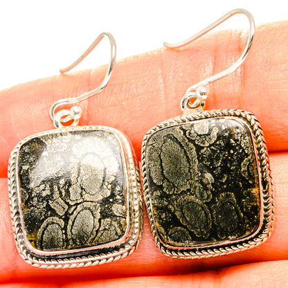 Pyrite agate drop earrings in 925 sterling silver, black gold-pattern square with hooks