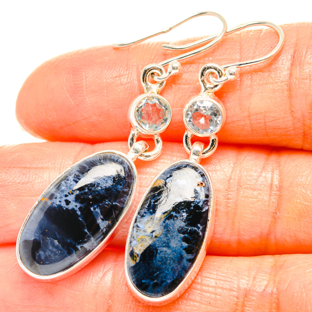 925 sterling silver drop earrings: oval blue pietersite with round blue stones