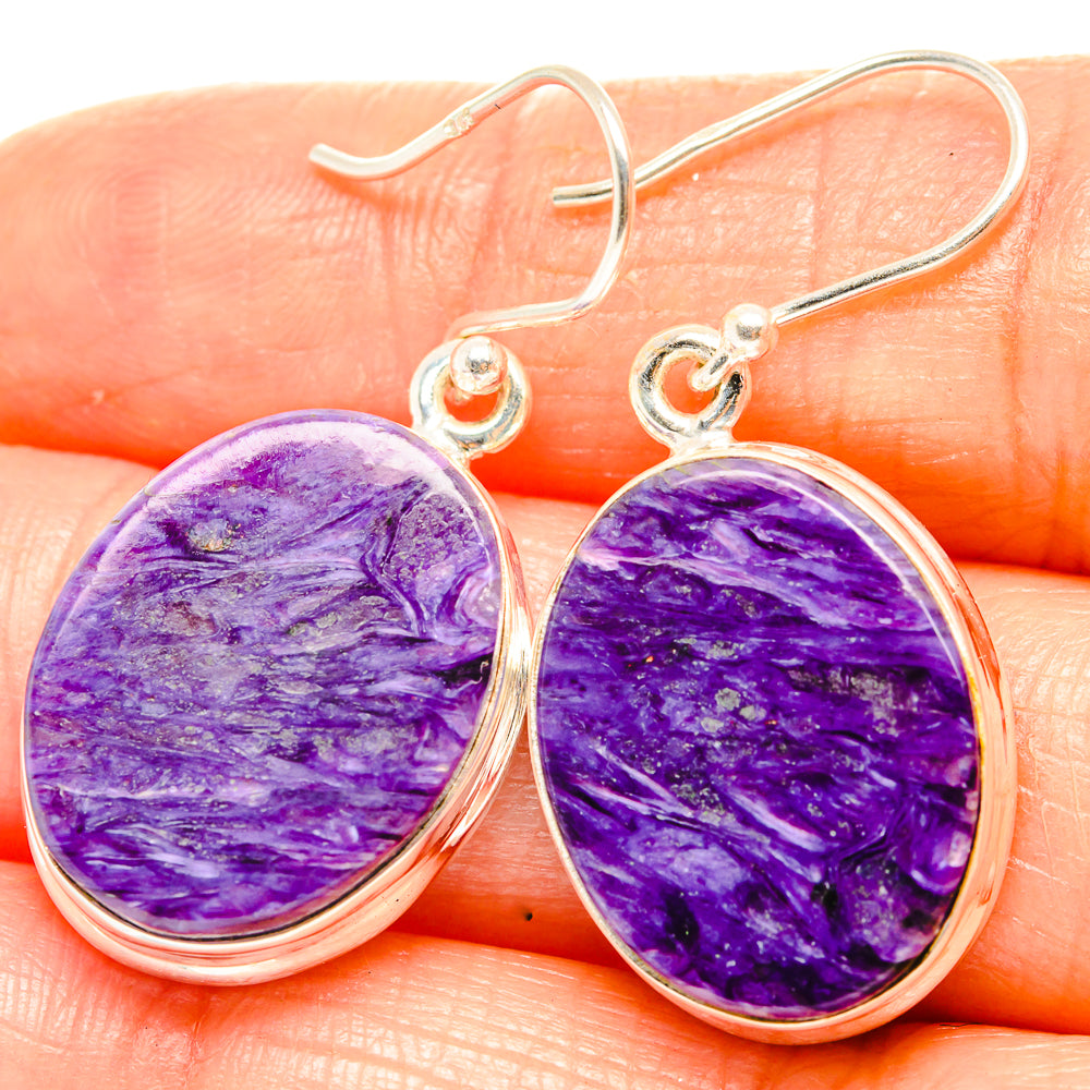 Oval purple charoite cabochon drop earrings with 925 sterling silver hooks
