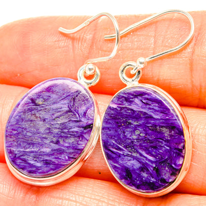 Oval purple charoite cabochon drop earrings with 925 sterling silver hooks