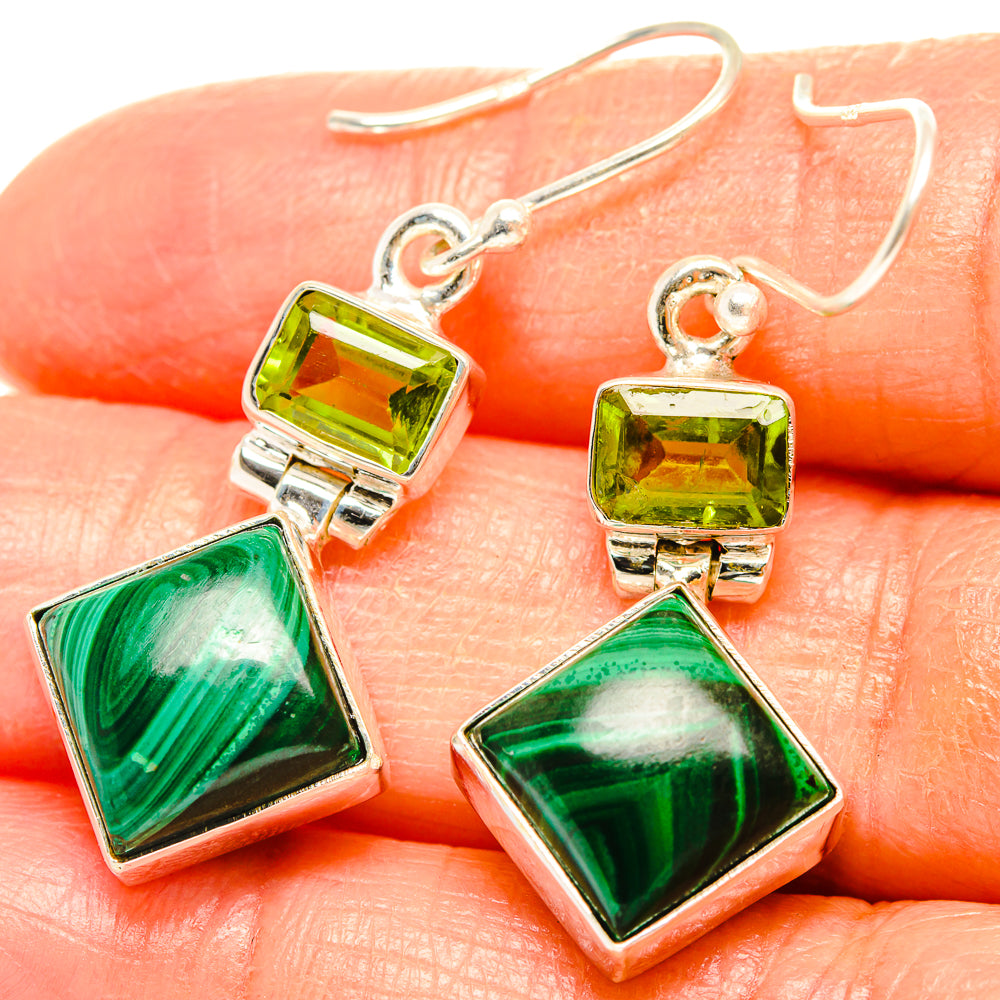 925 sterling silver malachite & peridot drop earrings with square and diamond stones