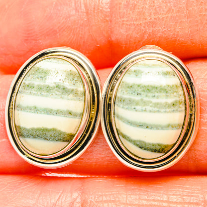 Pair of oval gemstone earrings, green-and-cream banded cabochon in layered metallic bezels