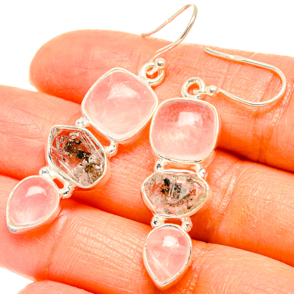Rose quartz and herkimer diamond drop earrings, pink cushion stones with clear flecked accents