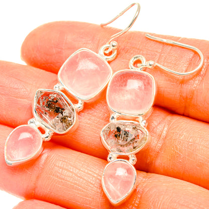 Rose quartz and herkimer diamond drop earrings, pink cushion stones with clear flecked accents