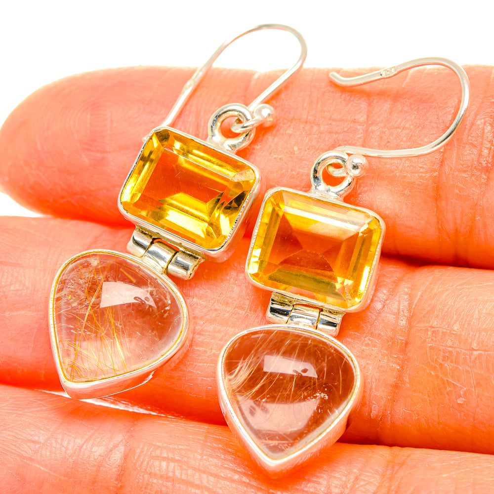 Silver-tone earrings with square citrine stones and rutilated heart drops