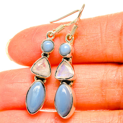 925 silver rainbow moonstone drop earrings with blue oval stones and triangular iridescent piece