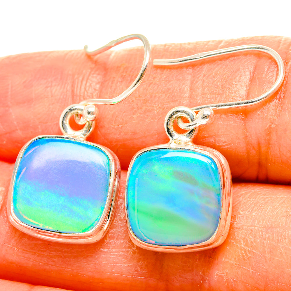 925 sterling silver drop earrings with square iridescent opal stones, blue-green glow