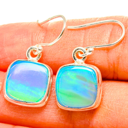 925 sterling silver drop earrings with square iridescent opal stones, blue-green glow
