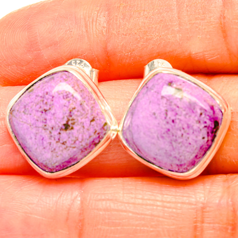 Sterling silver stud earrings with square purple druzy gemstone, bezel-set