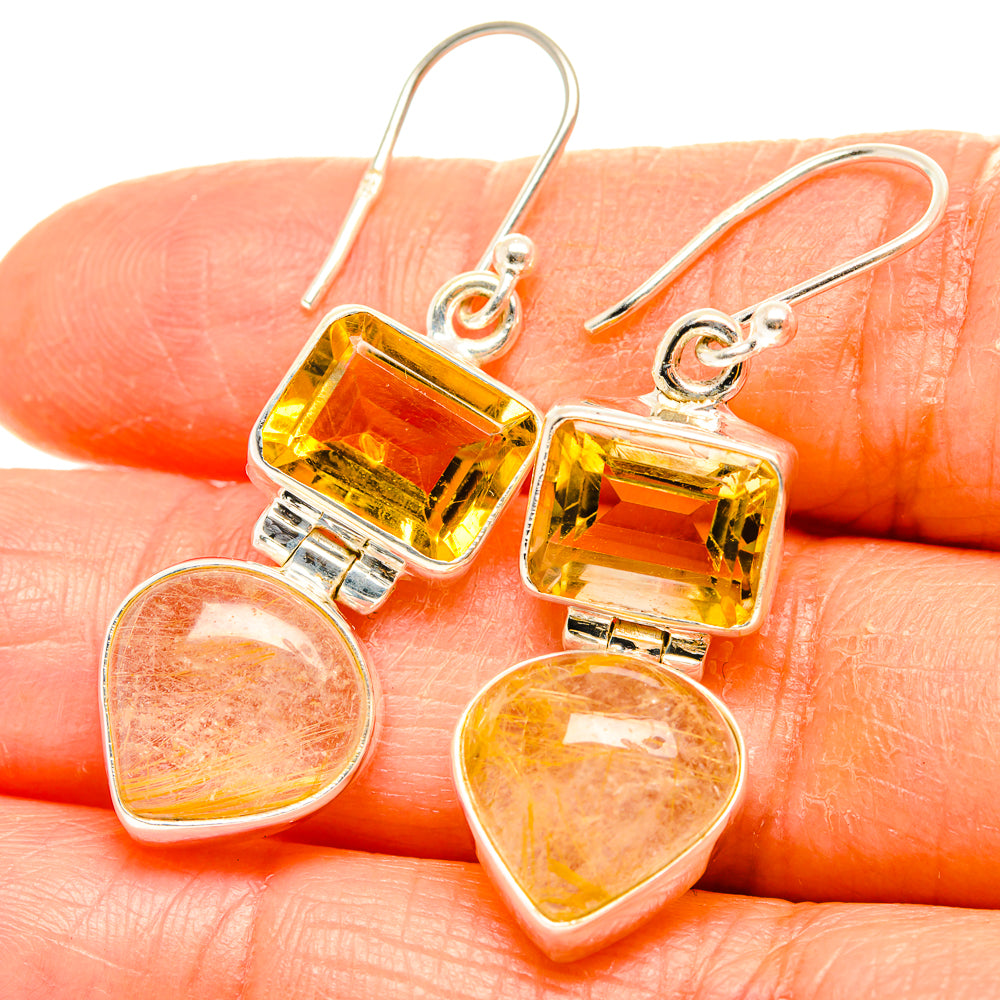 Sterling silver drop earrings with square citrine and teardrop rutilated quartz stones