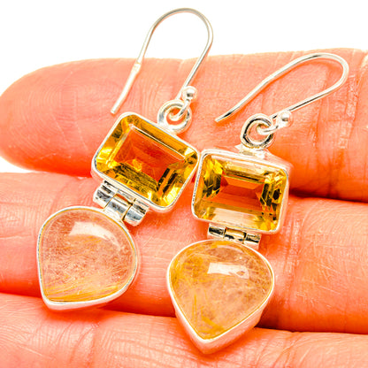 Sterling silver drop earrings with square citrine and teardrop rutilated quartz stones
