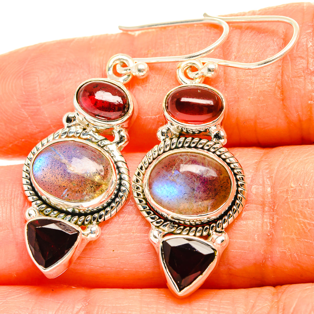 925 sterling silver gemstone earrings with iridescent labradorite and red garnet drops