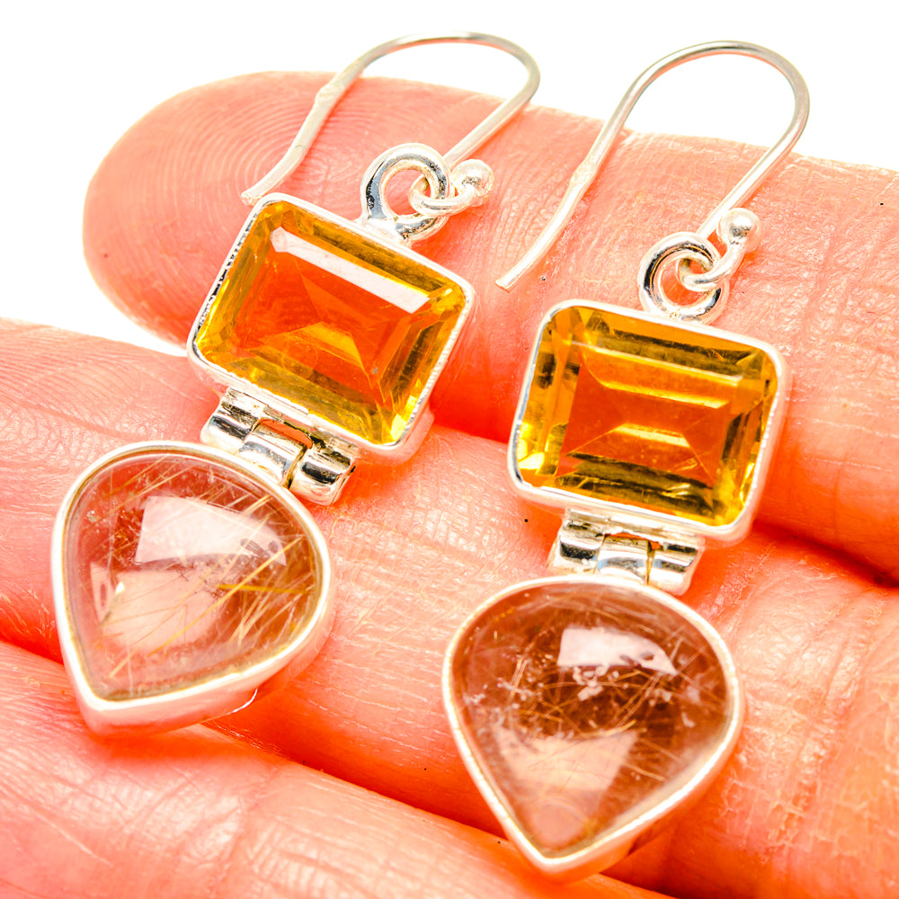 Sterling silver earrings with square citrine studs and heart rutilated quartz drops
