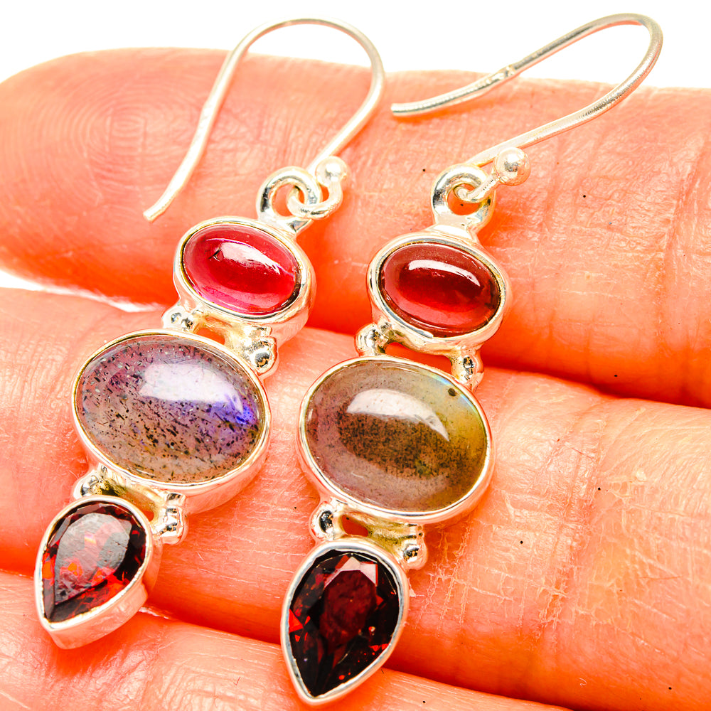 Sterling silver gemstone drop earrings with red, iridescent and dark marquise stones