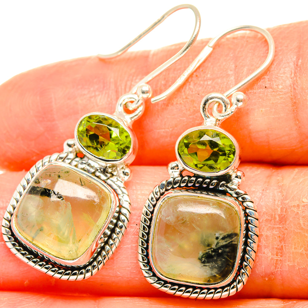 Sterling silver dangle earrings with green peridot top and prehnite cabochon drop