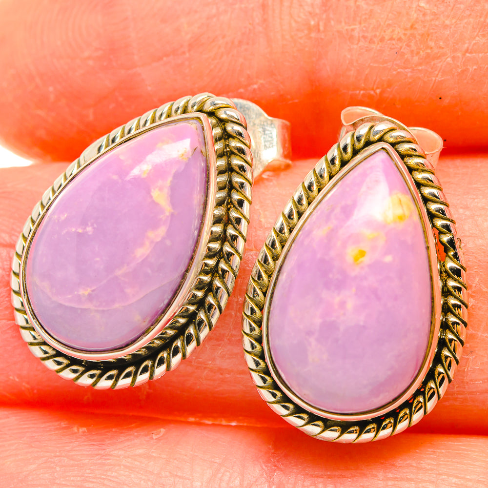 Phosphosiderite teardrop earrings with purple stone, rope-style gold-tone silver bezel