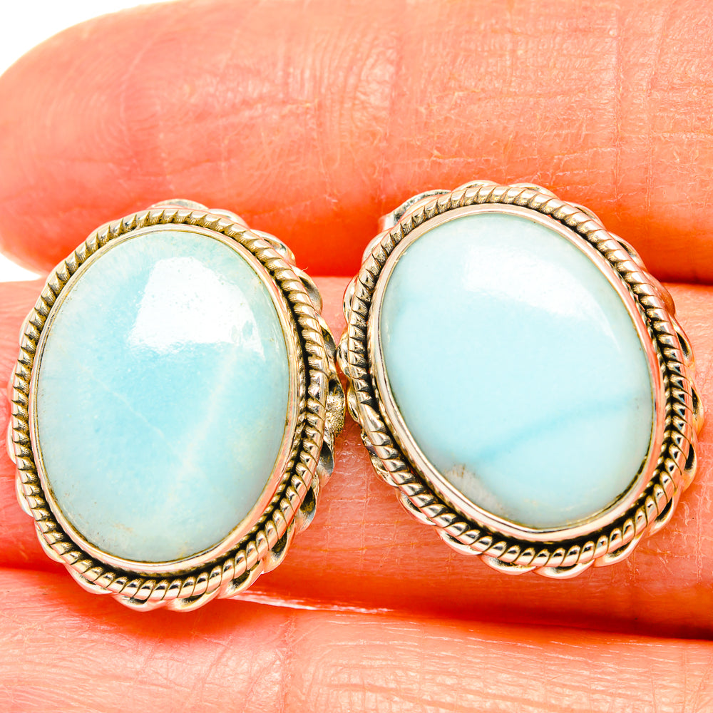 Larimar oval stud earrings, light blue stone, rope bezel, gold-tone 925 sterling silver