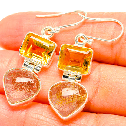 925 sterling silver earrings with square yellow stone and heart rutilated quartz dangles