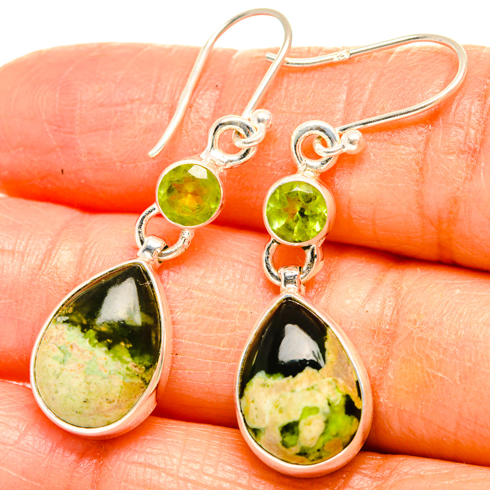 Marbled green teardrop drop earrings with round green stones and silver hooks