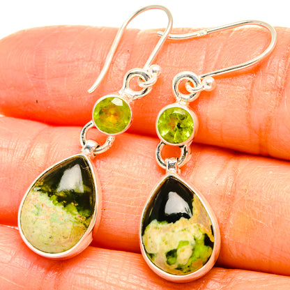 Marbled green teardrop drop earrings with round green stones and silver hooks