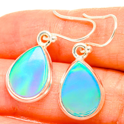 925 sterling silver opal teardrop earrings, bright blue iridescent stones on hooks