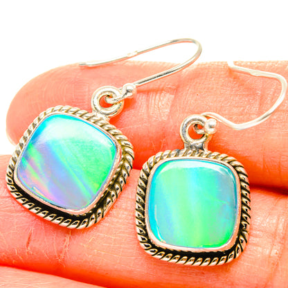 925 sterling silver drop earrings, oval iridescent opal-style stones in rope bezel