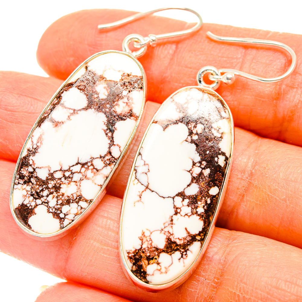 Wild Horse Jasper oval drop earrings in 925 sterling silver, white with brown veining