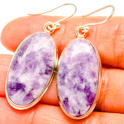 Purple oval lepidolite drop earrings, 925 sterling silver bezel and hook closures