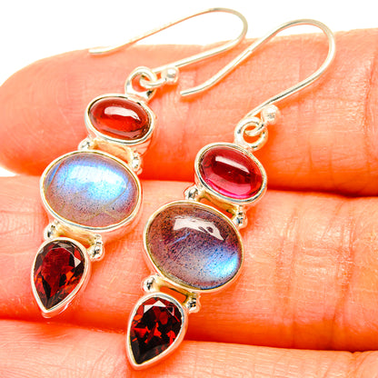 925 sterling silver drop earrings with blue labradorite and red garnet stones