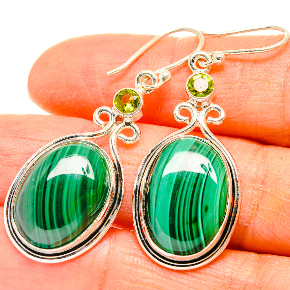 Teardrop malachite drop earrings with peridot accent stones in 925 sterling silver