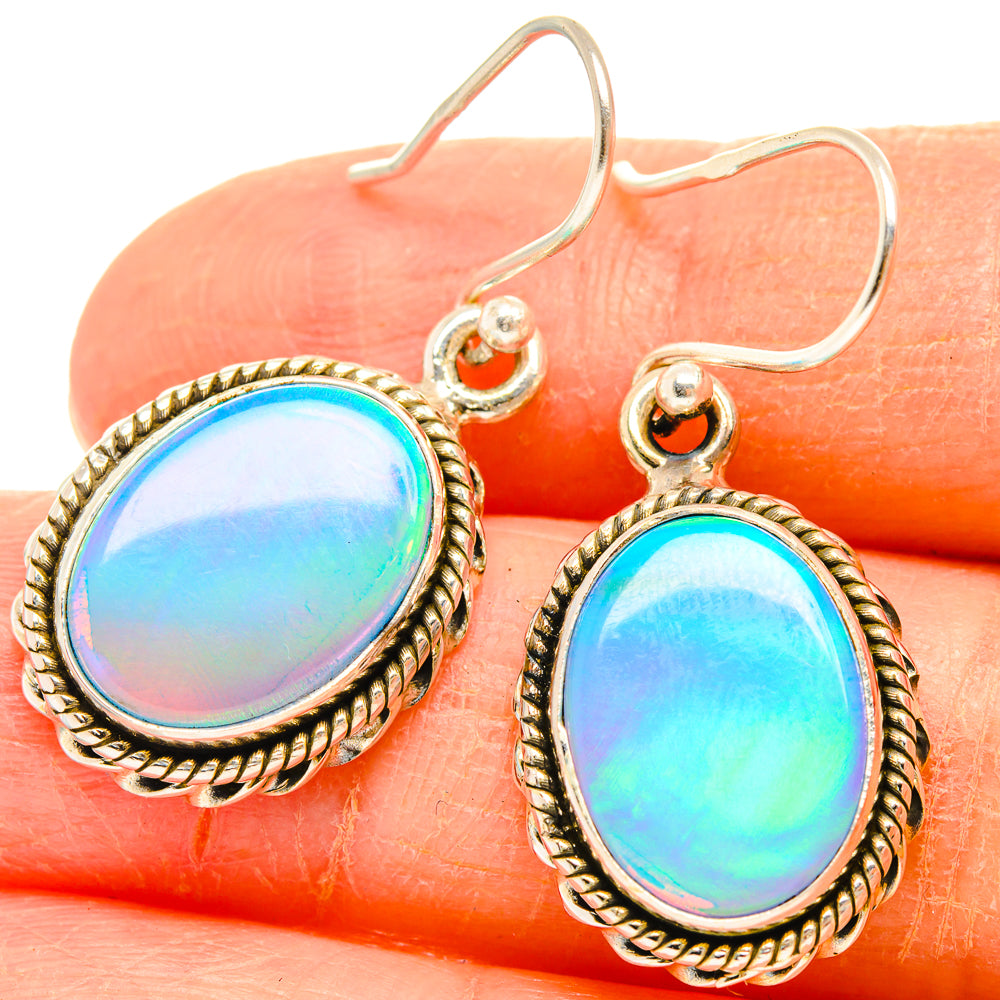 Oval opal drop earrings in 925 sterling silver with rope border and fishhook ear wires