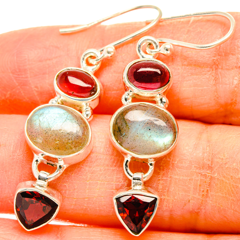 Sterling silver drop earrings with red oval, iridescent round labradorite, and red triangle stones
