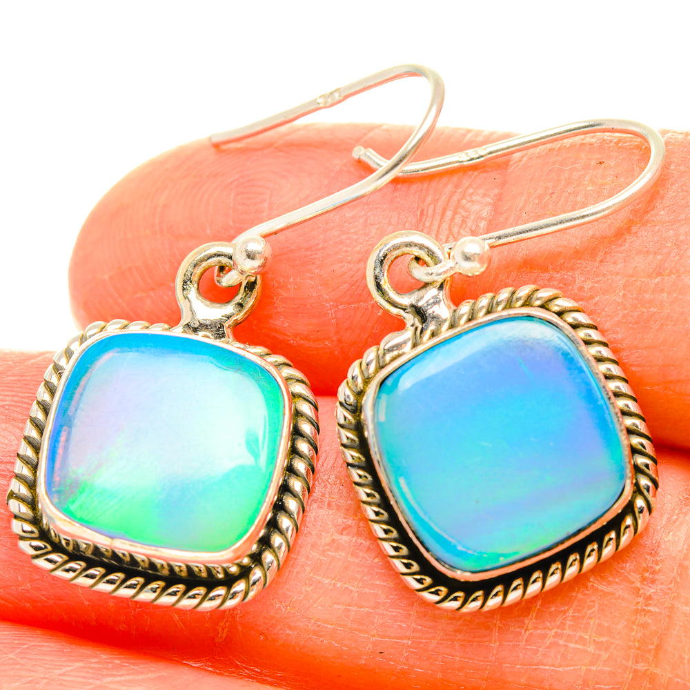 925 sterling silver opal drop earrings with blue-green iridescent stones and rope bezel