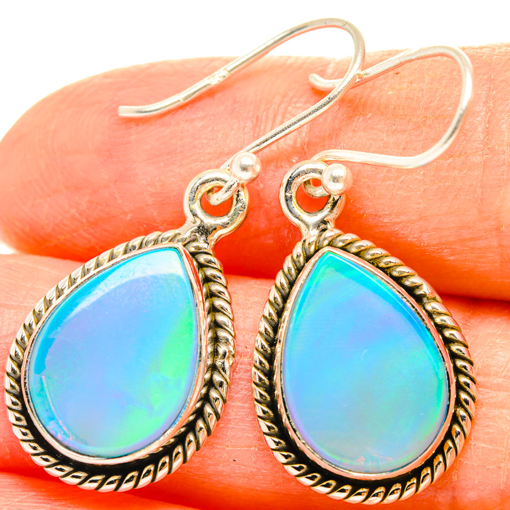 Opal teardrop earrings with braided edge and fishhook, gold-tone sterling silver