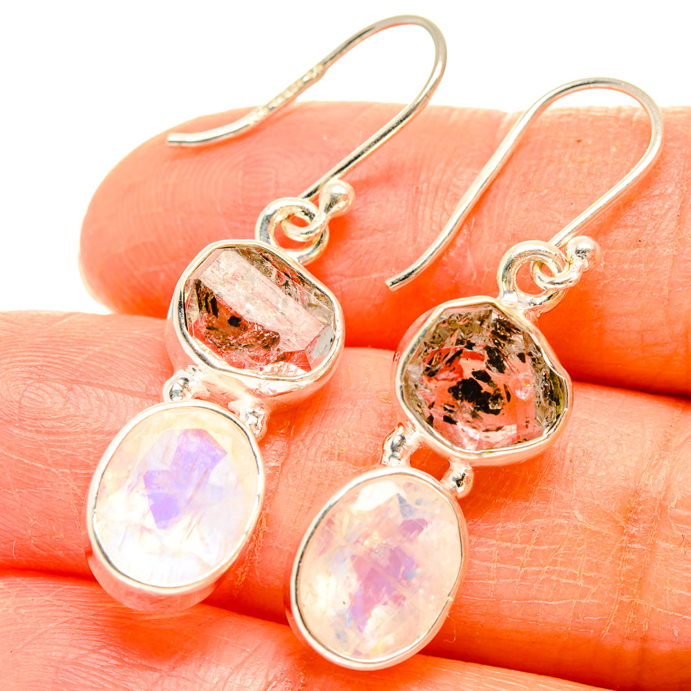 Sterling silver drop earrings with purple opal moonstone and red faceted gemstone dangles