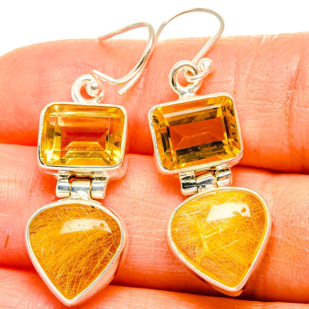 Sterling silver dangling earrings with faceted yellow square and heart rutilated stones