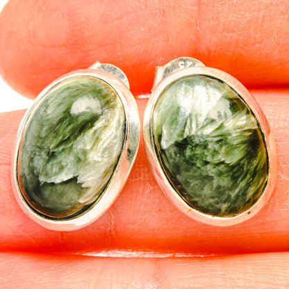 Oval green seraphinite earrings with 925 sterling silver bezel settings