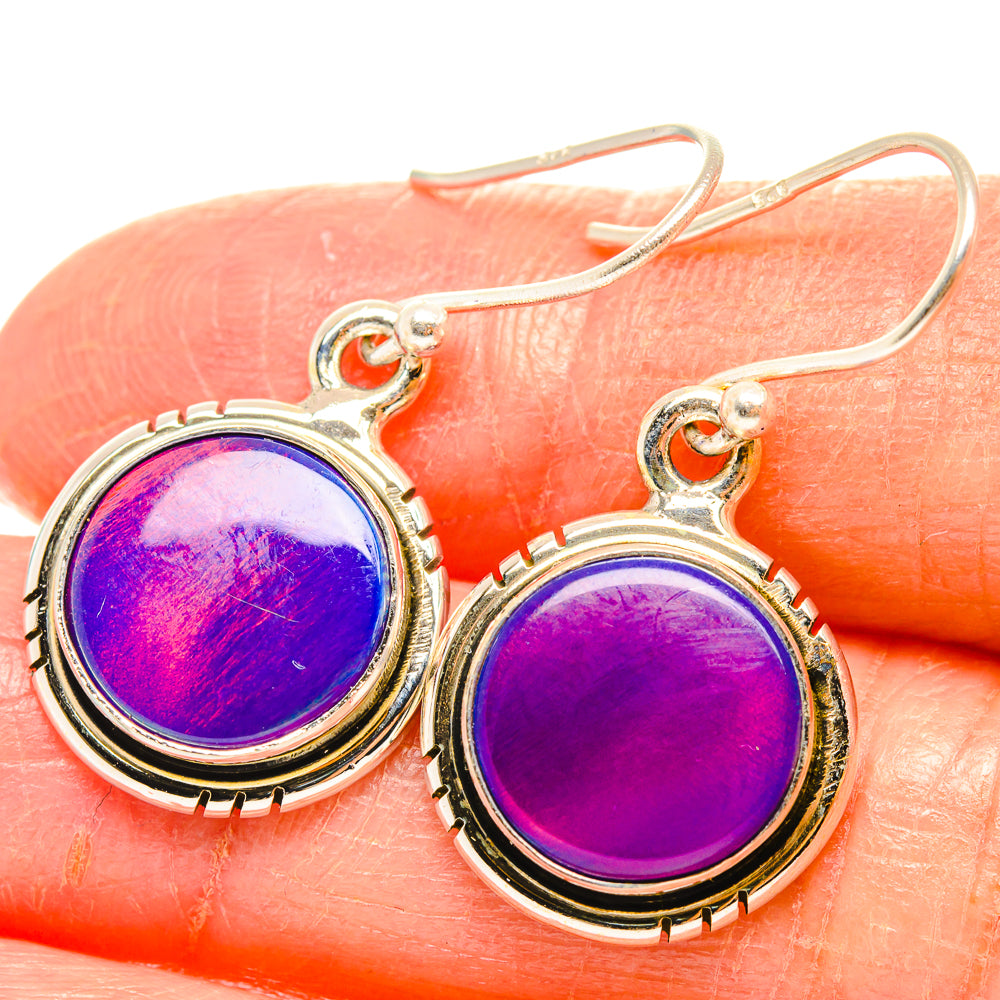 Purple oval opal drop earrings with gold bezel and French hooks, sterling silver close-up