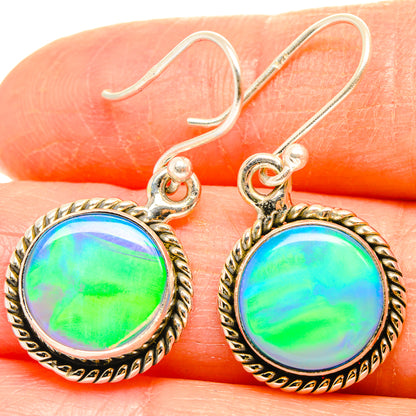 Round opal drop earrings in 925 sterling silver with braided bezel and iridescent green-blue stone