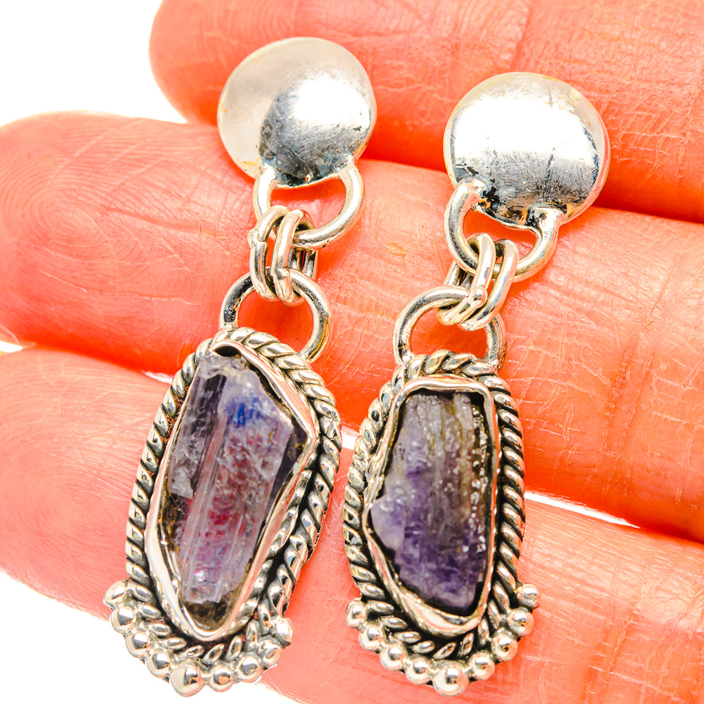 Rough tanzanite drop earrings in 925 sterling silver, ornate oval bezel, dangle