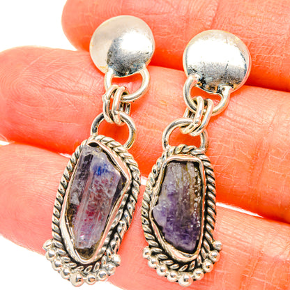 Rough tanzanite drop earrings in 925 sterling silver, ornate oval bezel, dangle