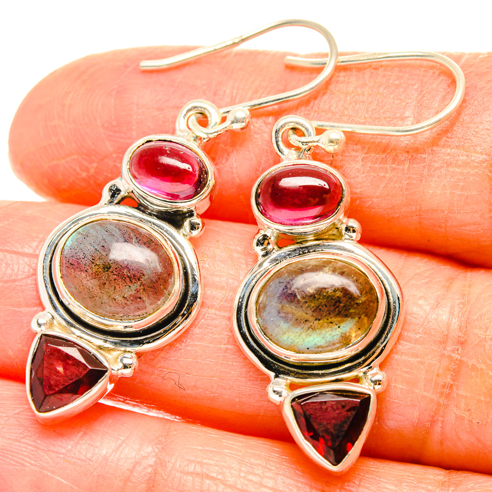Sterling silver labradorite and garnet earrings with round stones and red triangle accents