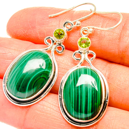 Sterling silver oval malachite drop earrings with peridot green accents